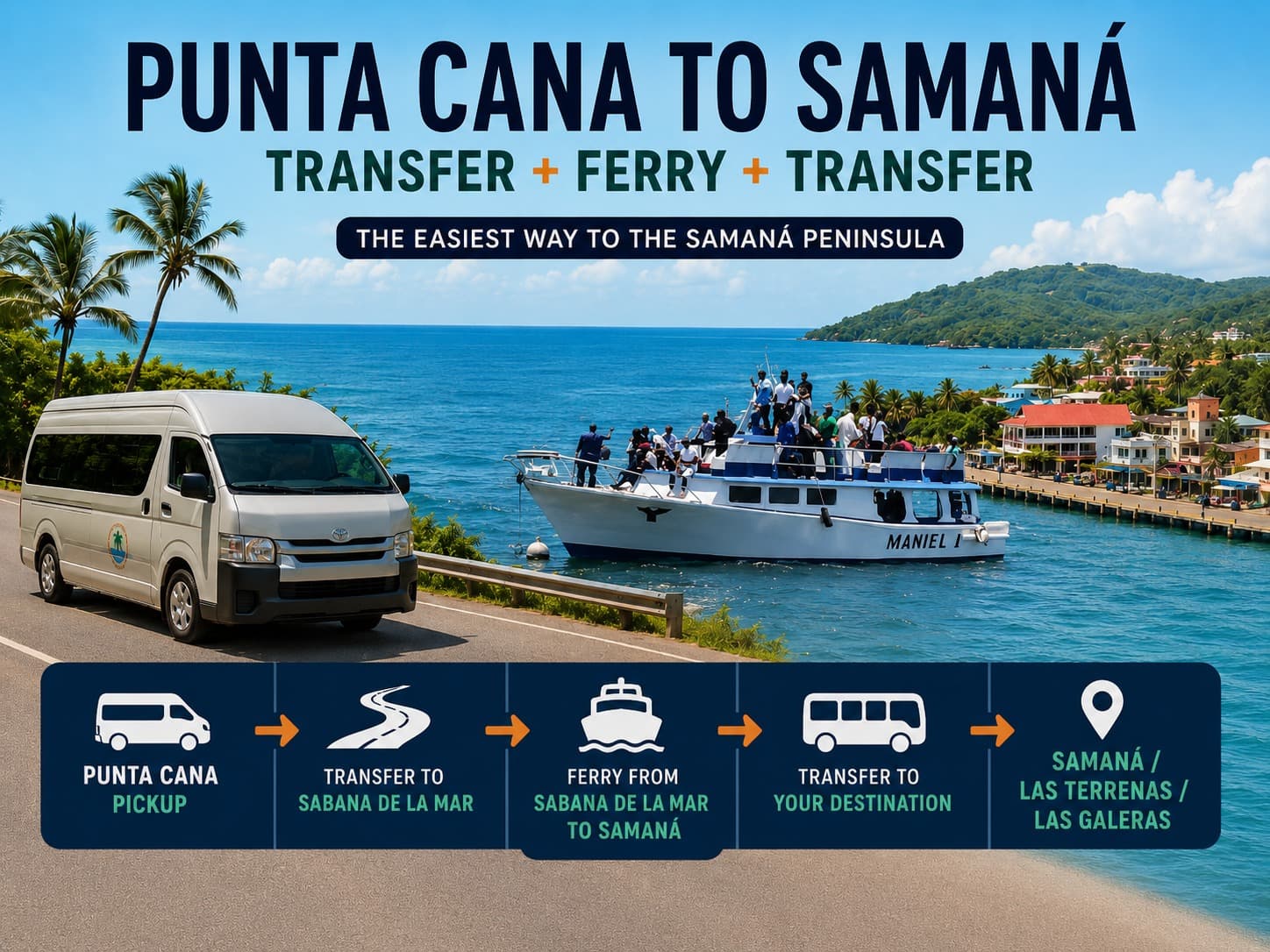 Ferry soti Punta Cana pou rive Samaná: Ranpli transfè nan otobis oswa Van + Ferry + Final transfè nan Samaná, Las Terrenas ak Las Galeras - Whale Watching Punta Cana Guide